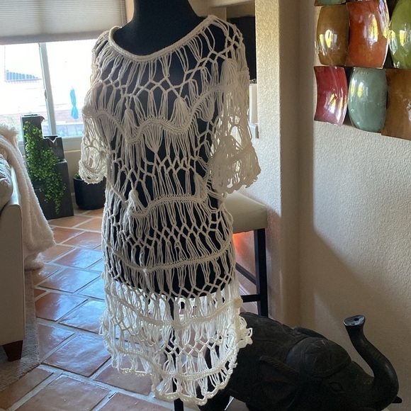 Crochet Beach Cover-Up Ivory Women’s 100% Acrylic Size Large BALLETCORE - Picture 5 of 11